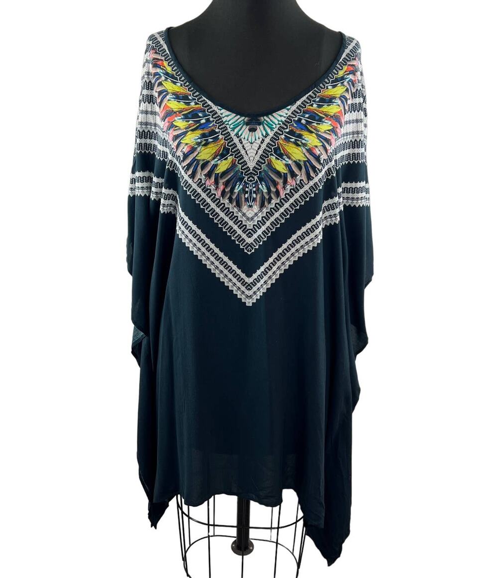 RED CARTER Black M/L Swim Cover Up Tunic Top Boho Peacock Scoop Neck 3/4 Sleeves